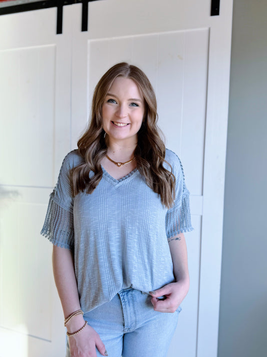 Blue Oversized Basic Contrast Top