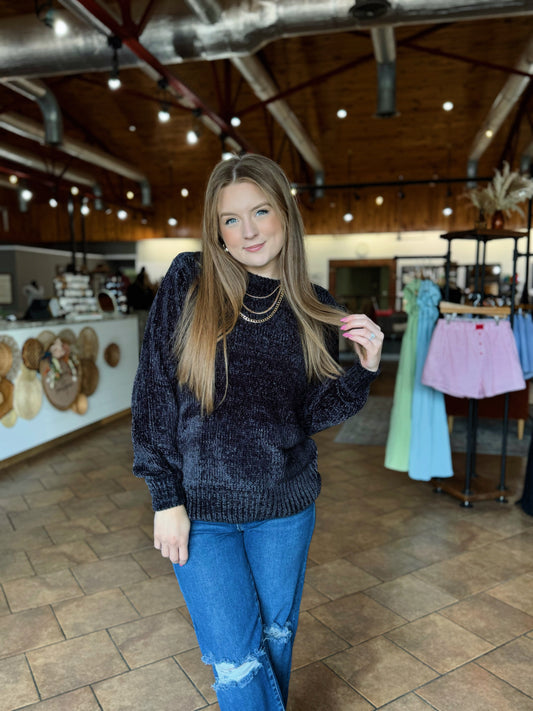 Black Chenille Balloon Sleeve Sweater