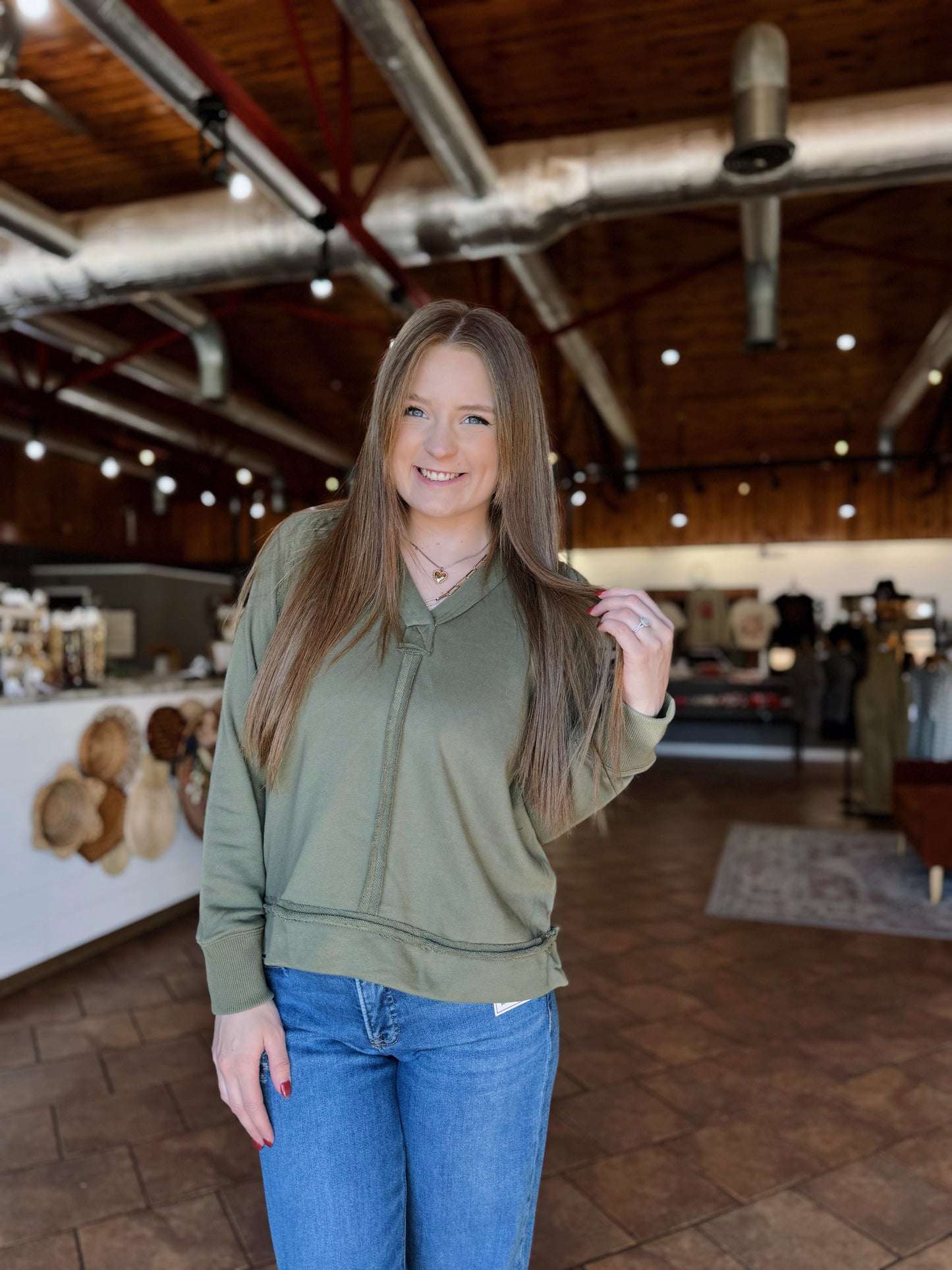 Olive Raw Hem Hooded Top