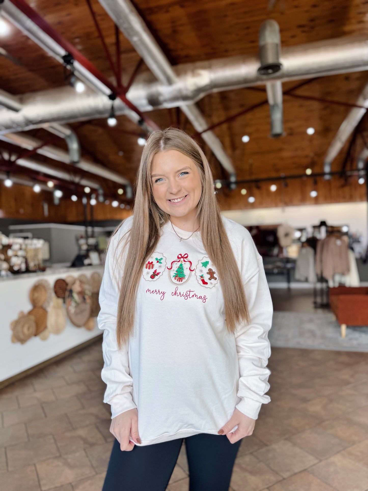 Cream Embroidered Christmas Crewneck