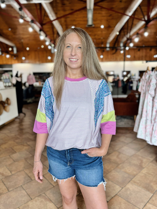 Purple Striped Contrast Block Top