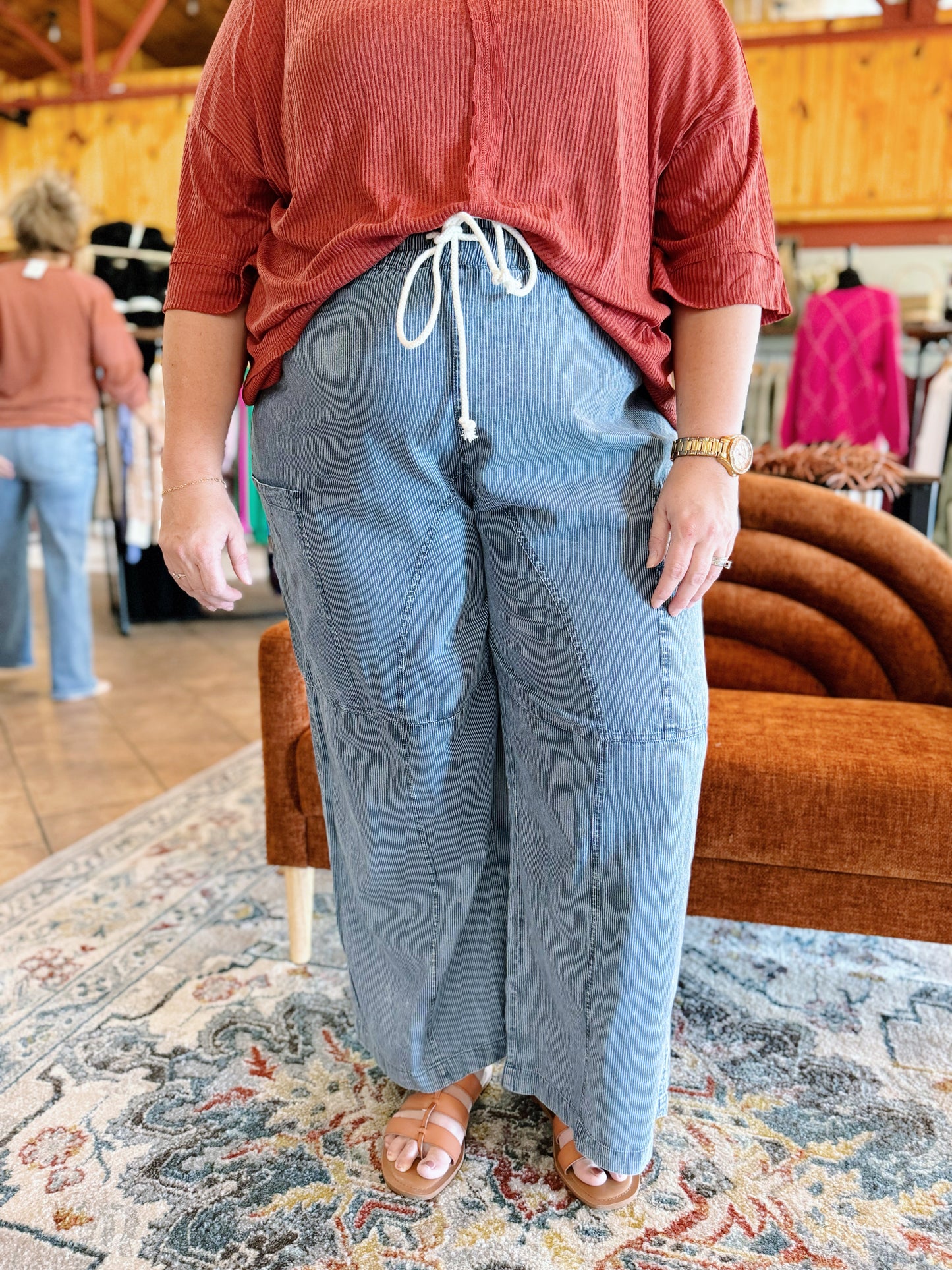 Curvy Mineral Wash Pinstriped Pants