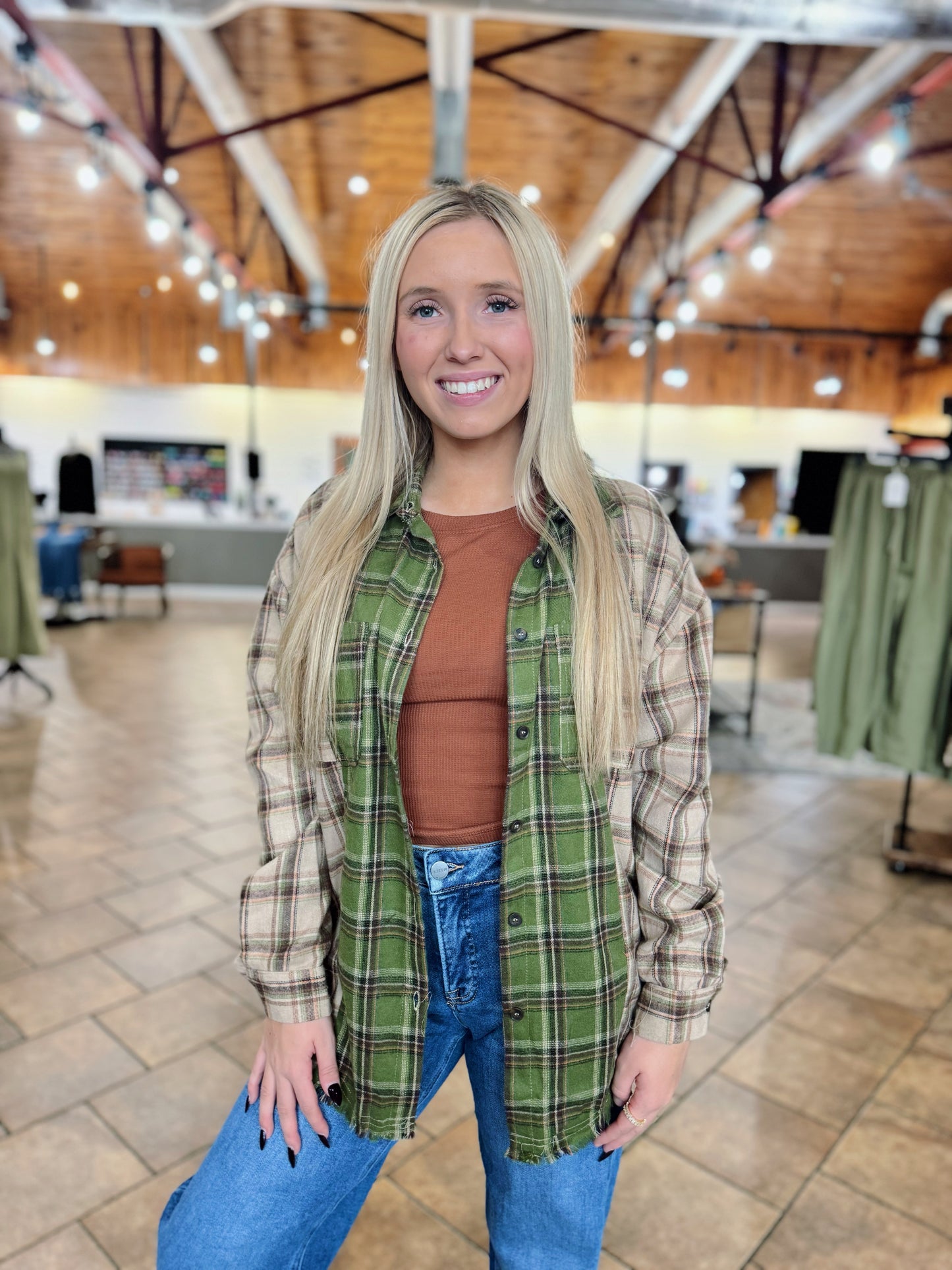 Brown Multi Plaid Contrast Top