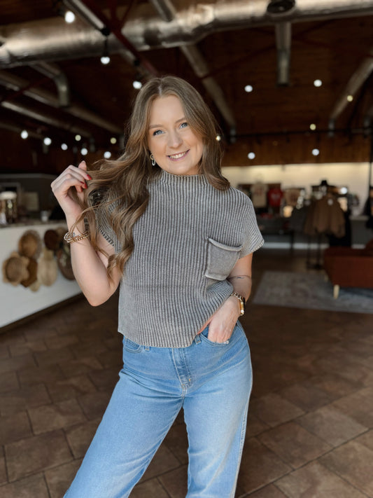 Mocha Acid Wash Cropped Sweater Vest