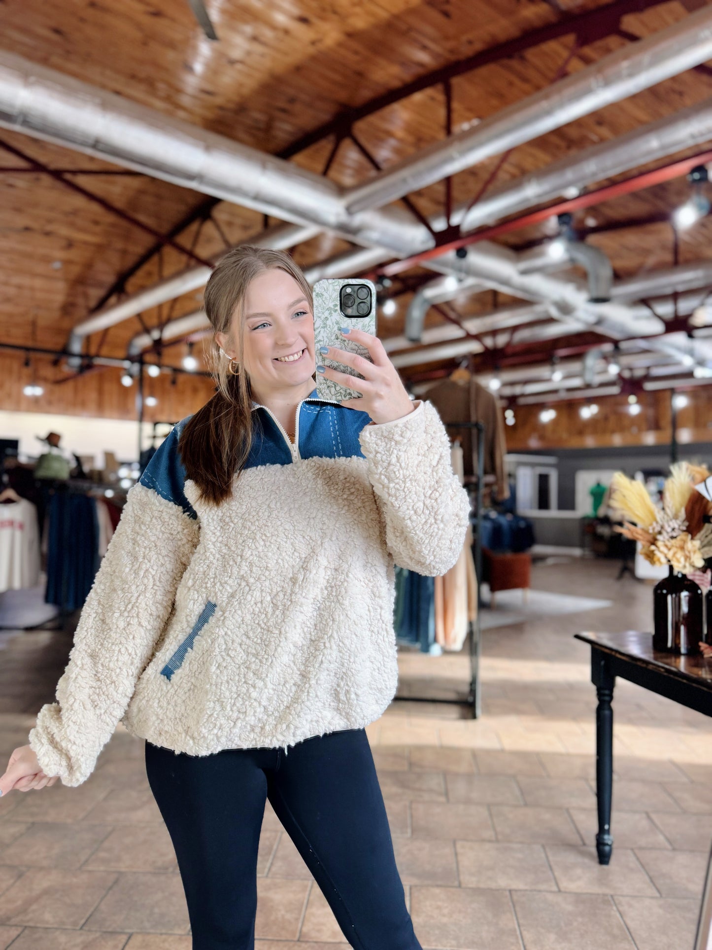 Sherpa Denim Contrast Quarter Zip Top