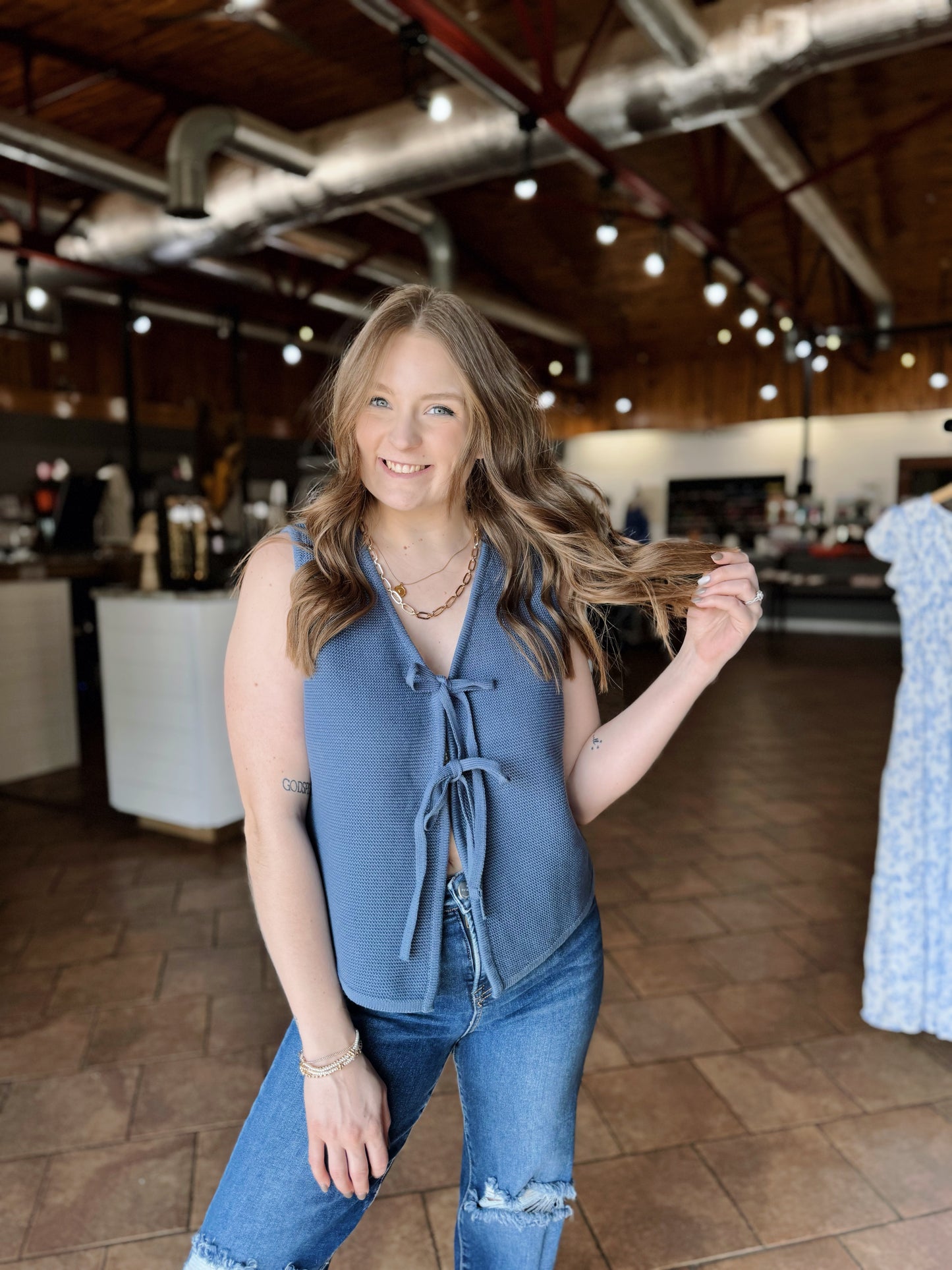 Blue Tie Front Knit Vest