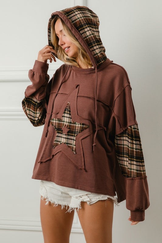 Brown Plaid Detail Star Hoodie