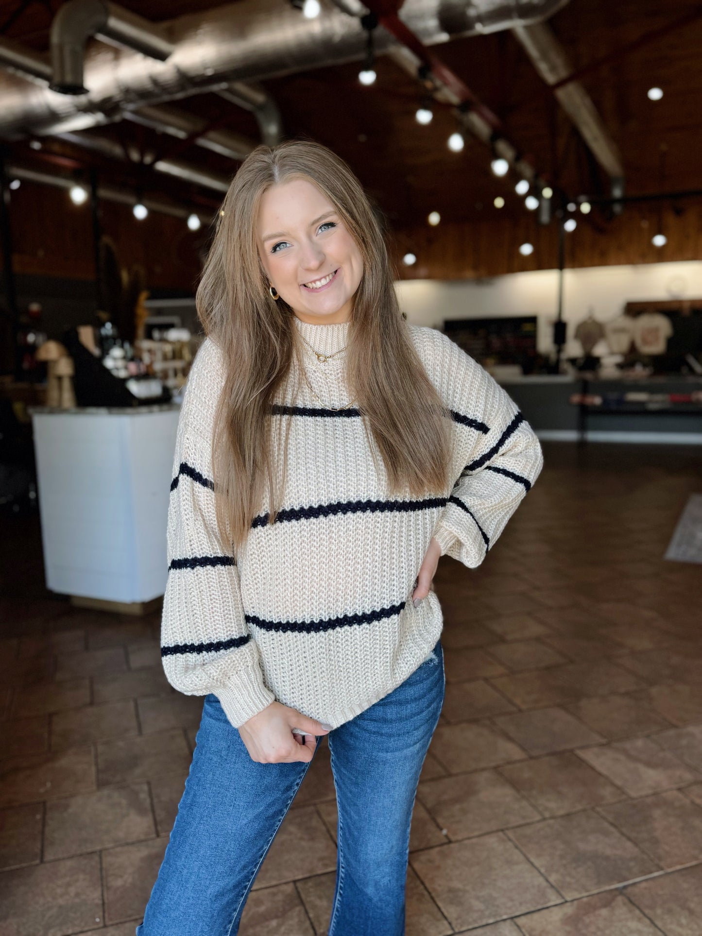 Taupe Mock Neck Navy Striped Sweater