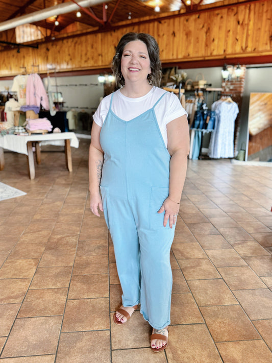 Curvy Mineral Wash Blue Slouchy Jumpsuit