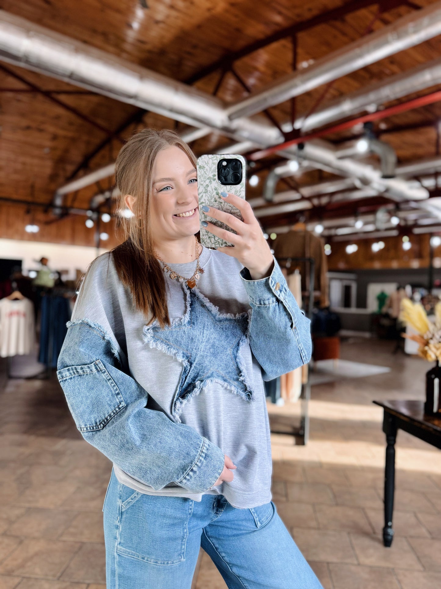 Heather Gray Denim Sleeve Star Top