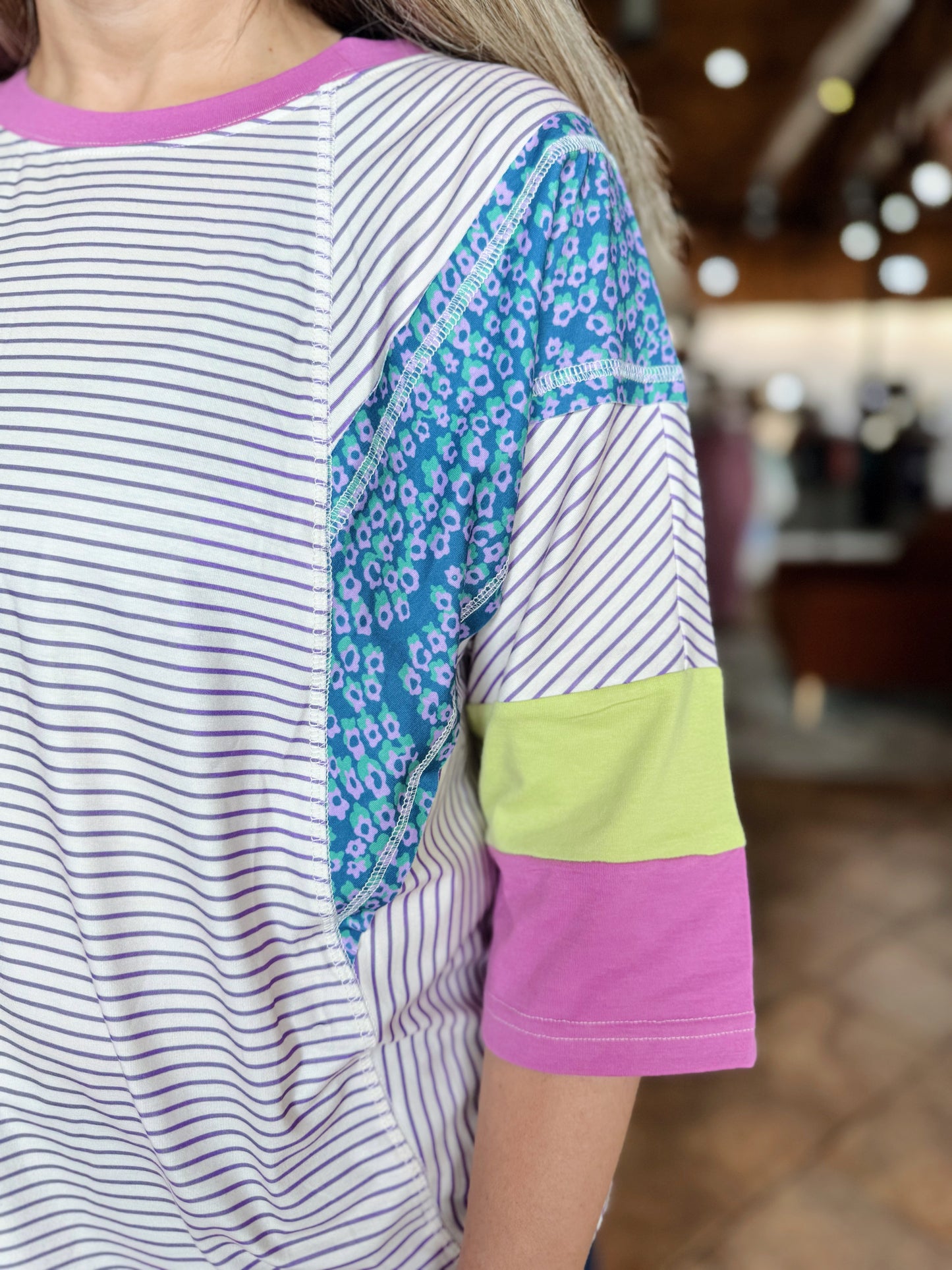 Purple Striped Contrast Block Top