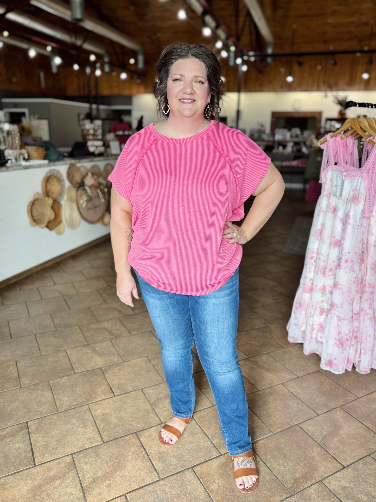 Curvy Pink Ribbed Out Seam Top