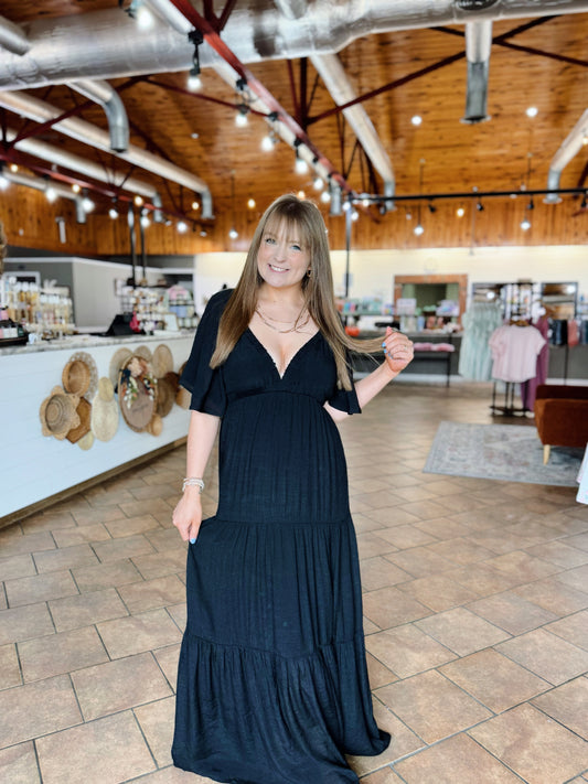 Black Flounce Sleeve Maxi Dress