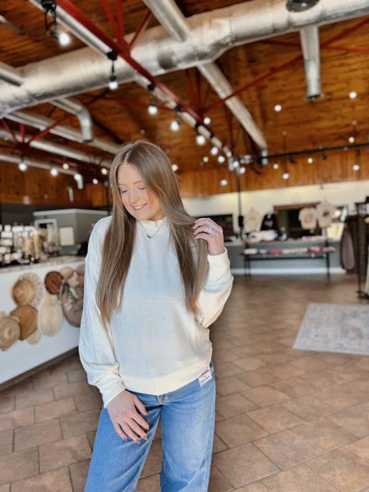 Cream Mock Neck Ribbed Top