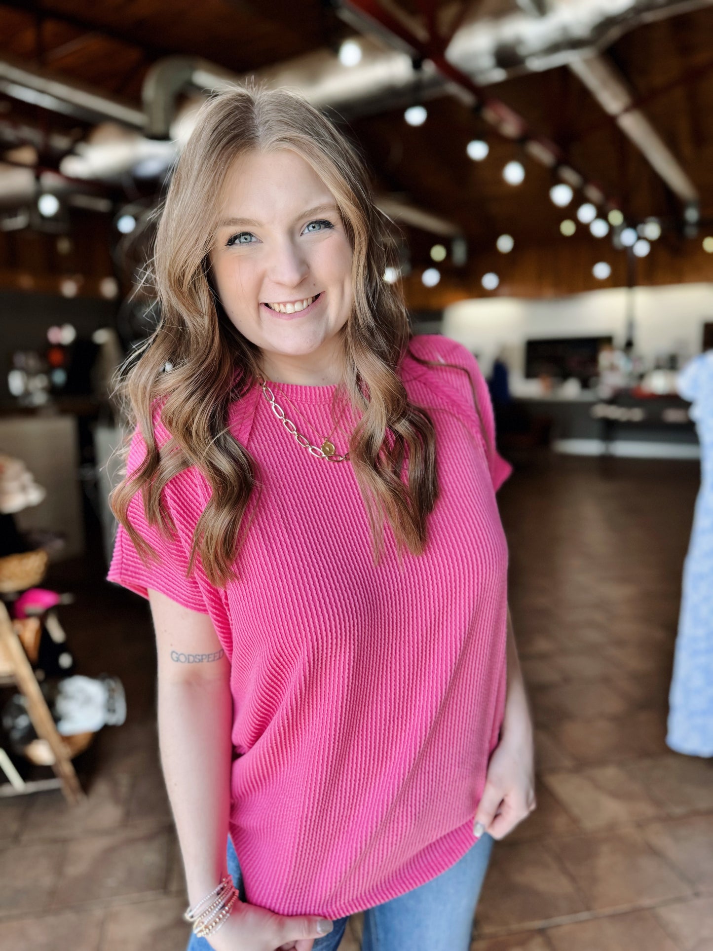 Pink Ribbed Out Seam Top