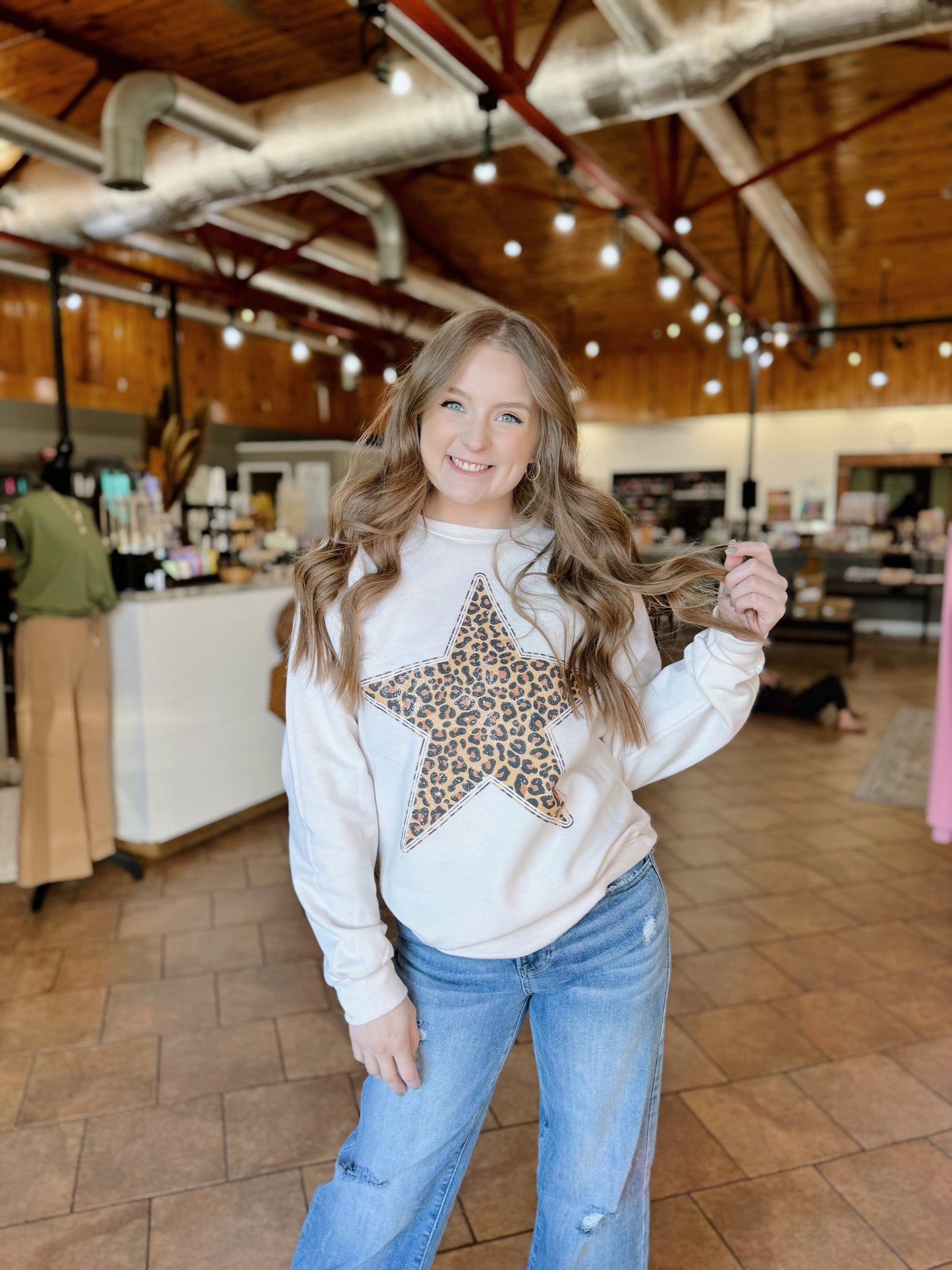 Cream Leopard Star Crewneck