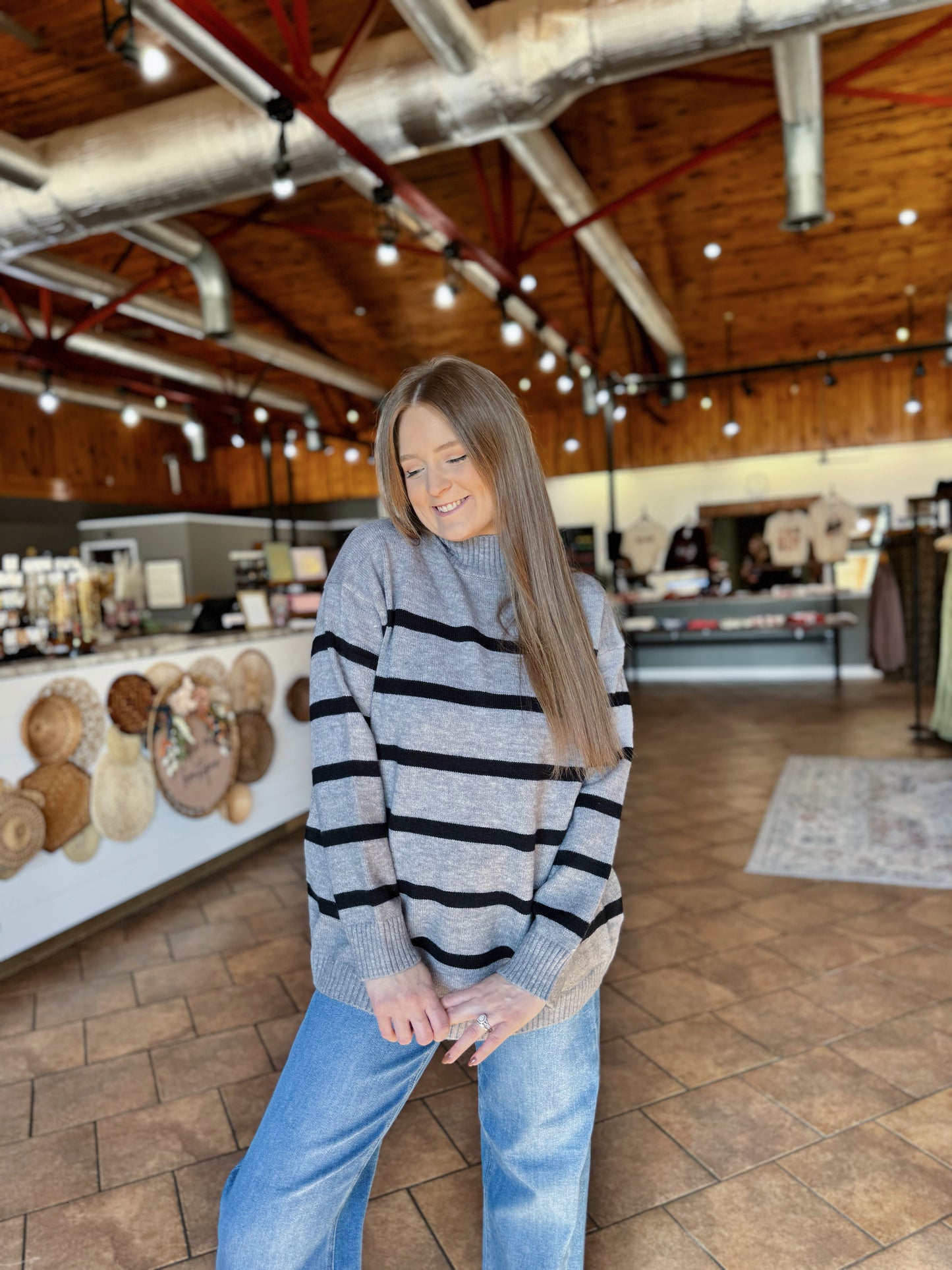 Charcoal Striped Mock Neck Sweater