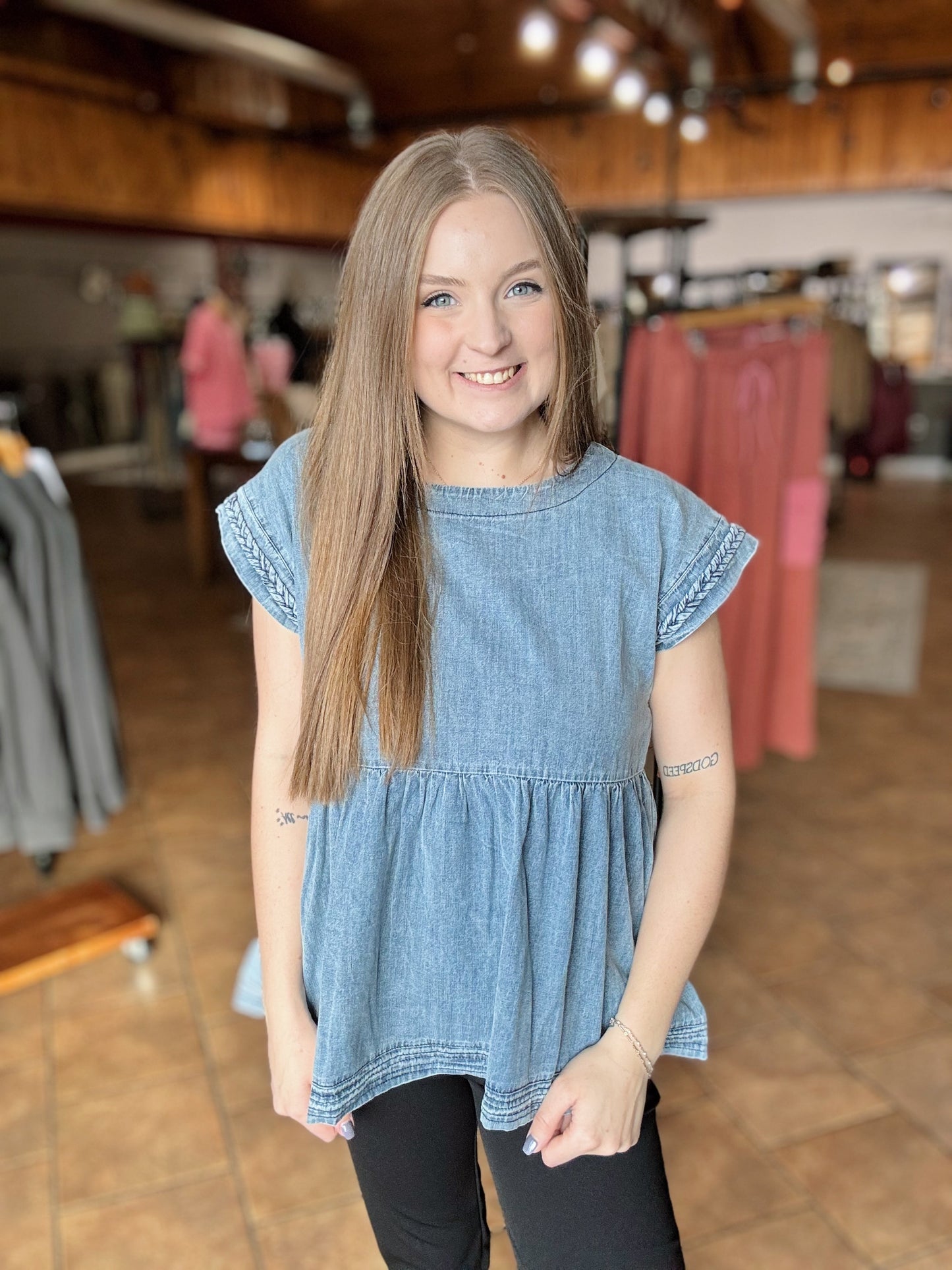 Chambray Braided Sleeve Peplum Top