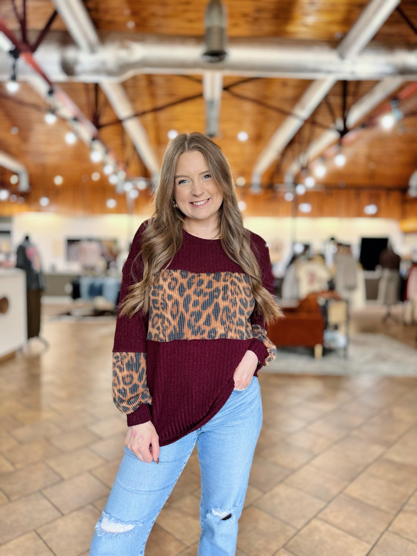 Burgundy Leopard Contrast Top