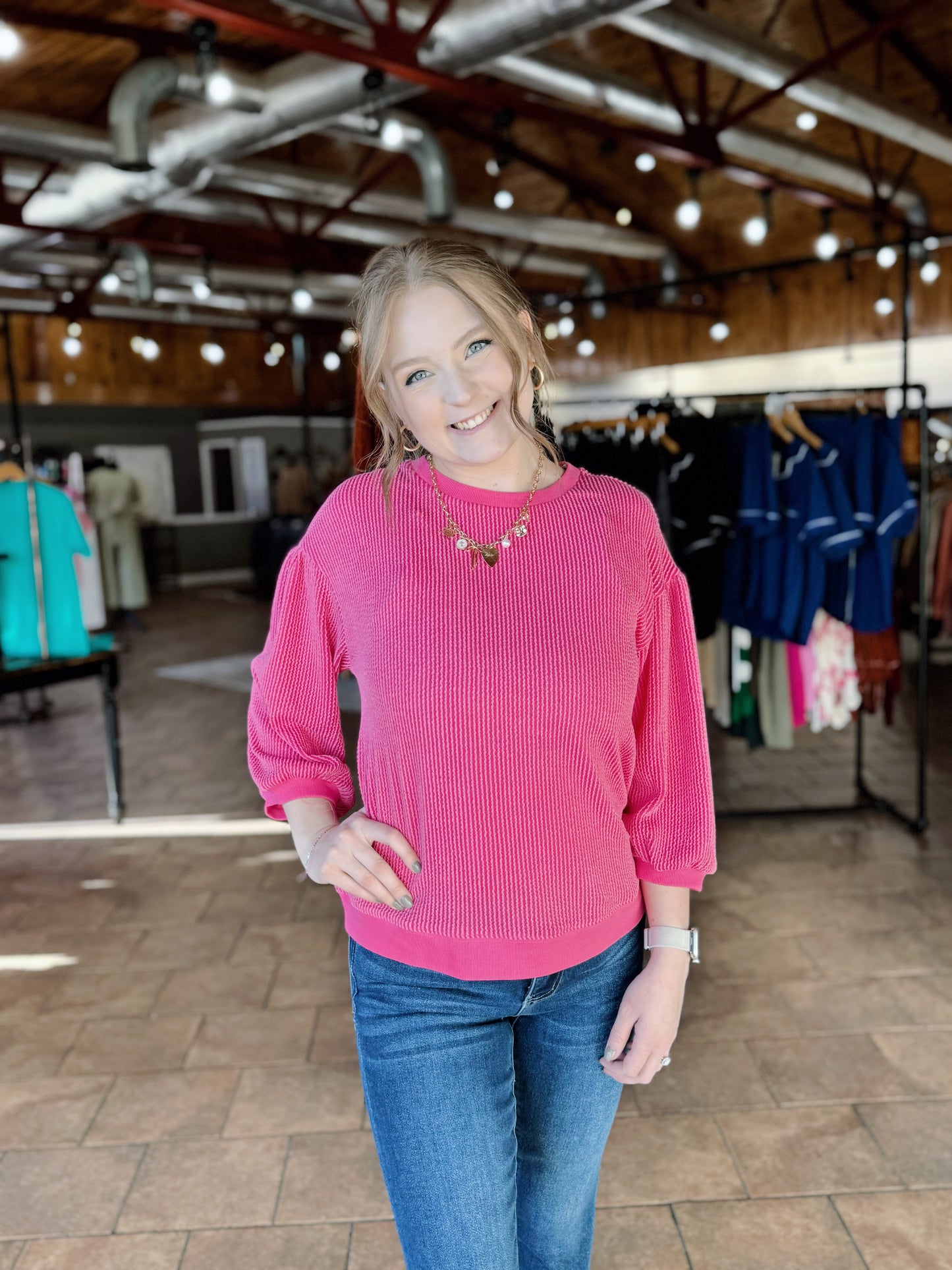 Pink Ribbed Drop Shoulder Top