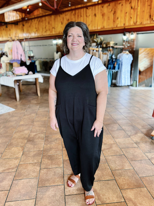 Curvy Black Slouchy Textured Jumpsuit