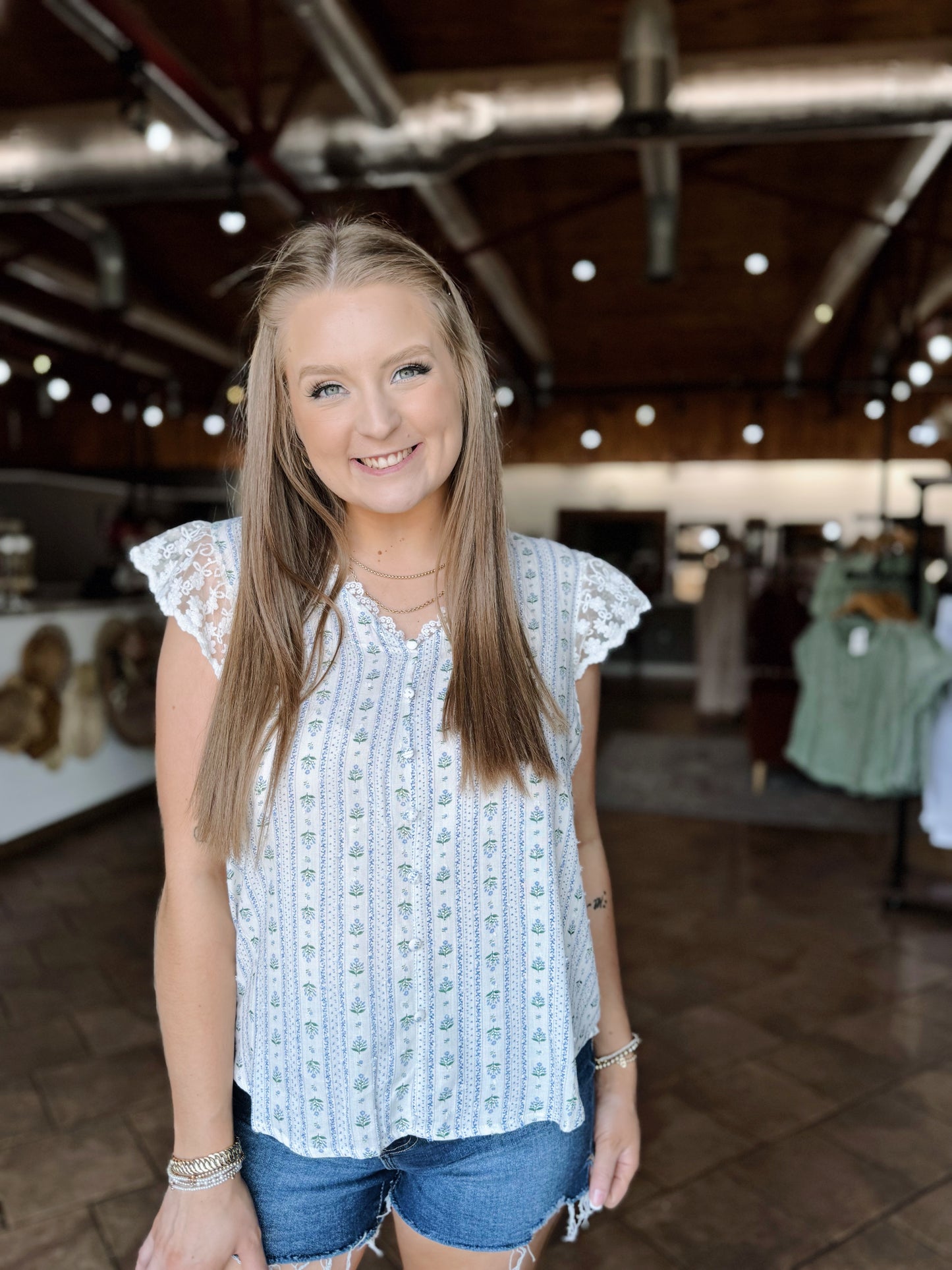 Blue Floral Button Detail Top