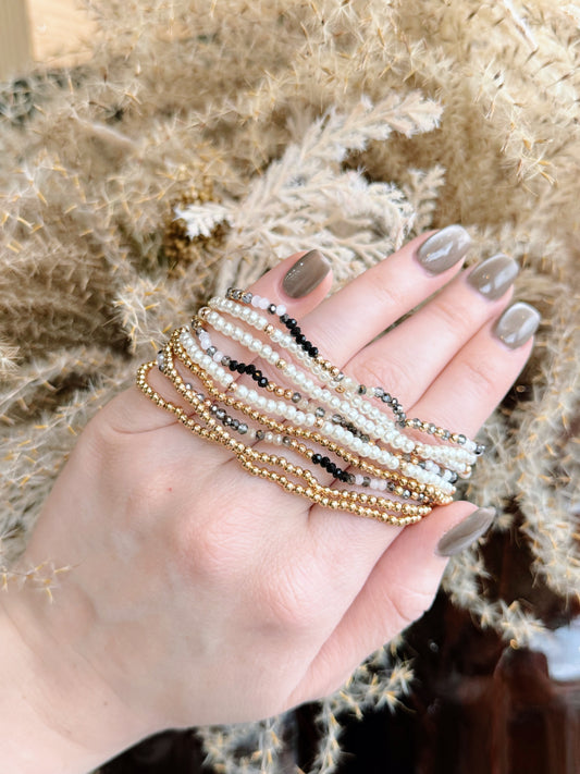 Dainty Black And Pearl Beaded Bracelet Set