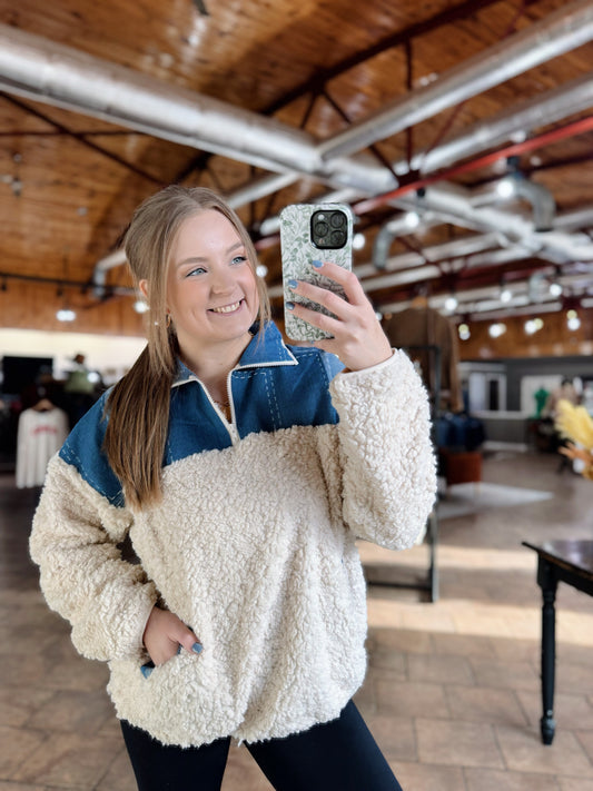 Sherpa Denim Contrast Quarter Zip Top