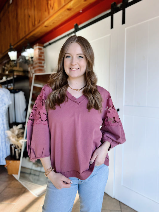 Mauve Lace Detail Wide Sleeve Top