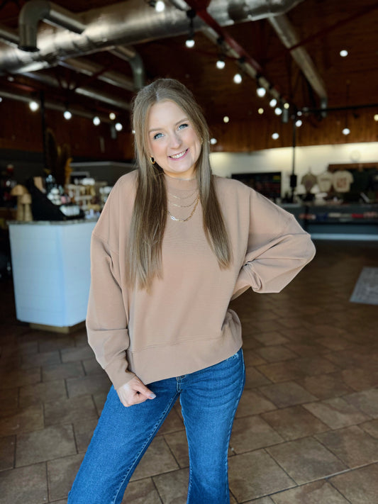Camel Ribbed Balloon Sleeve Sweater