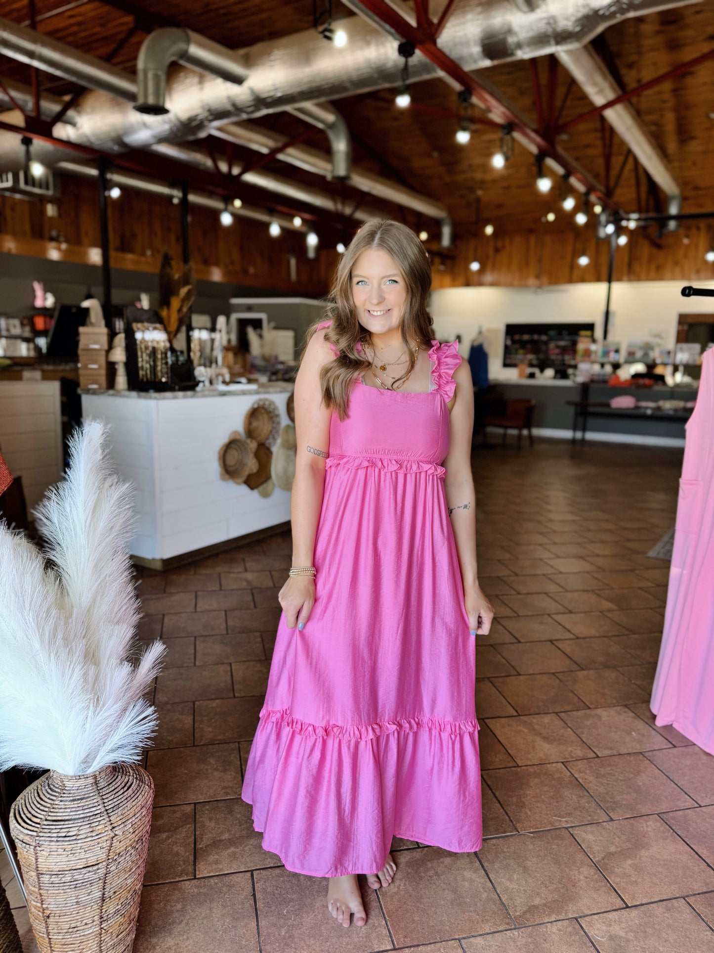 Pink Ruffle Detail Midi Dress