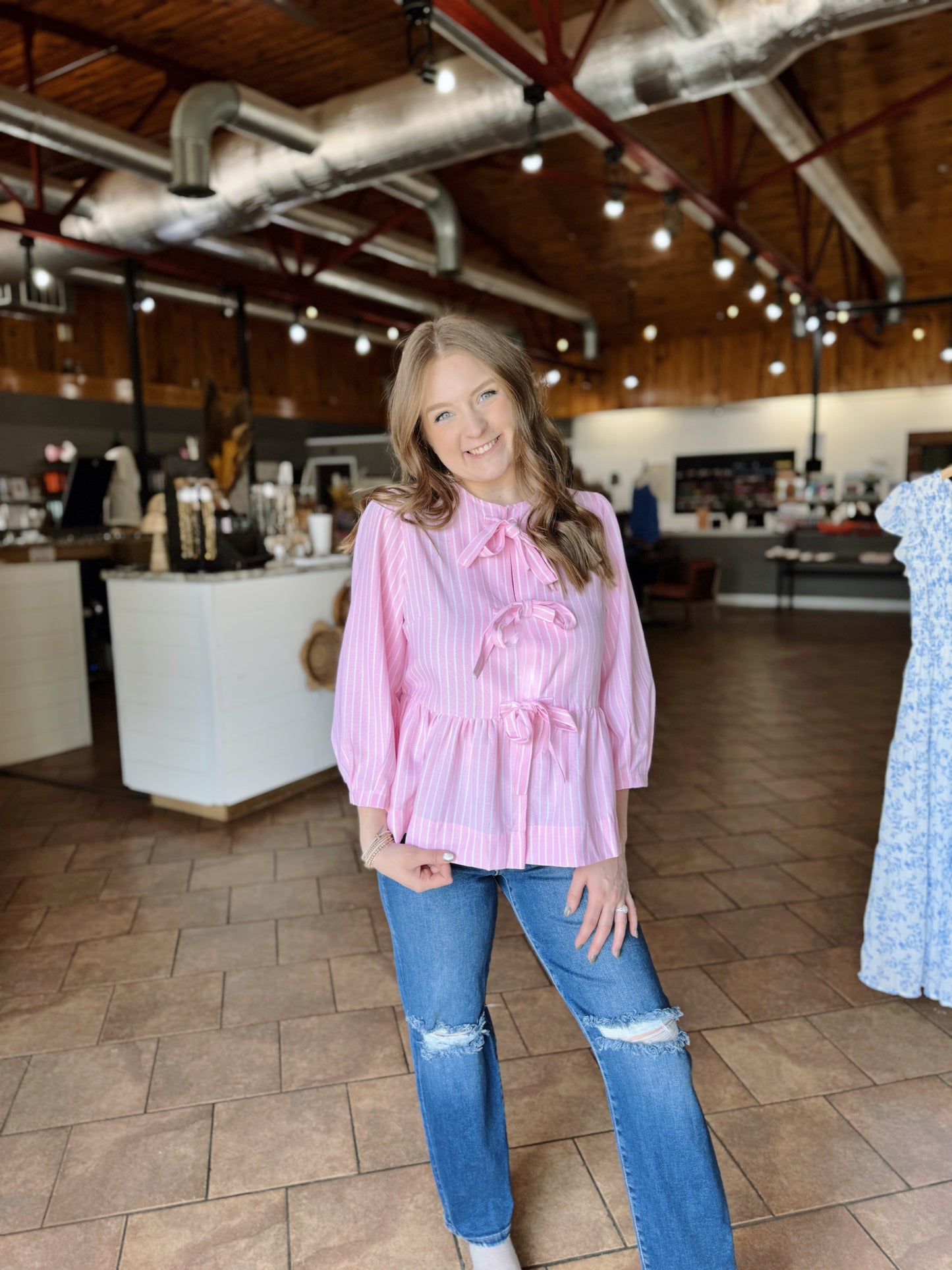Pink Striped Bow Front Top