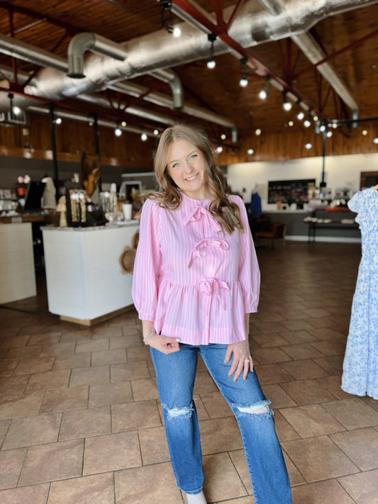 Pink Striped Bow Front Top