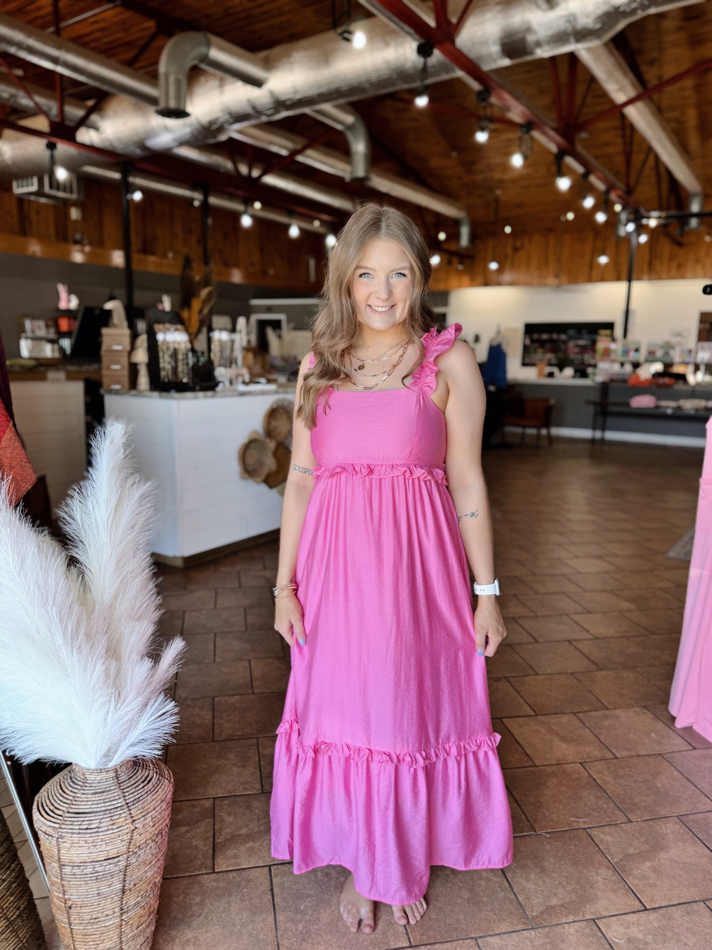 Pink Ruffle Detail Midi Dress