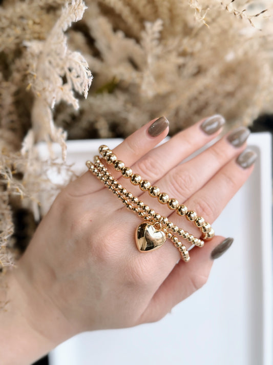 Gold Beaded Heart Charm Bracelet Set