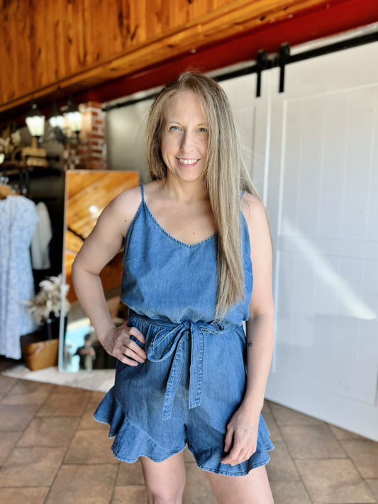 Chambray Sleeveless Ruffle Romper