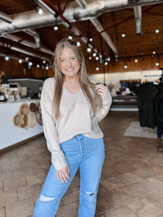Oatmeal Solid Front Seam Sweater