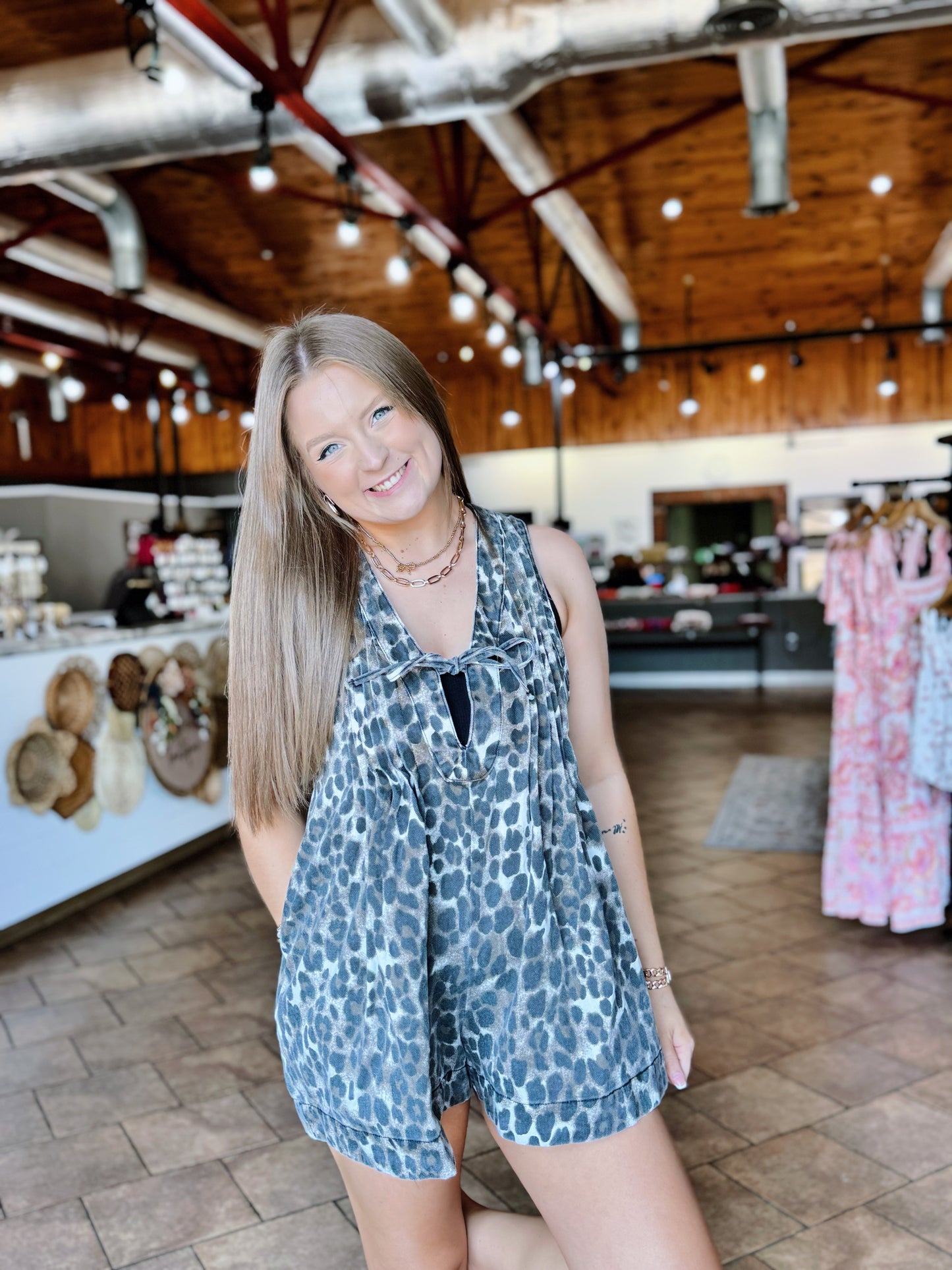 Leopard Denim Pleated Romper