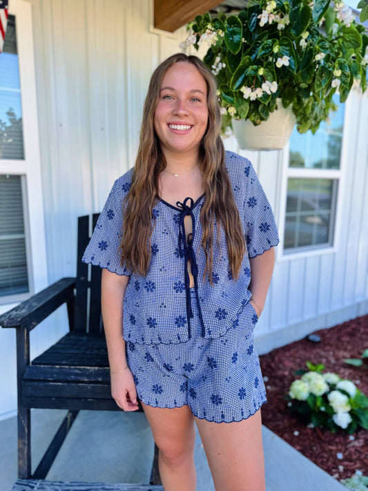 Navy Floral Eyelet Set