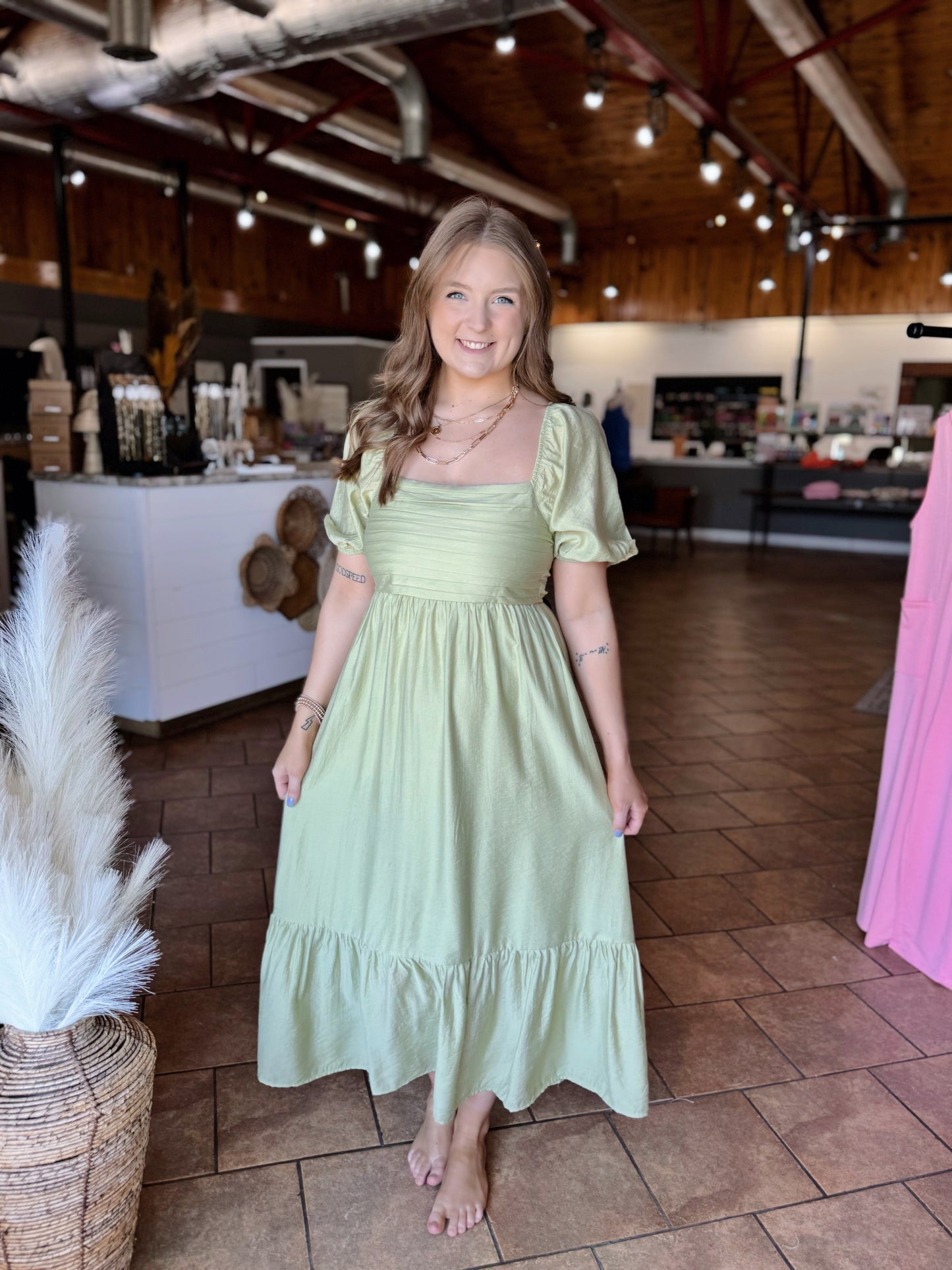 Light Lime Pleated Detail Midi Dress