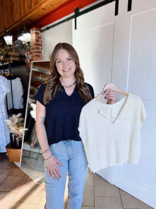 Split Neck Sweater Knit Top