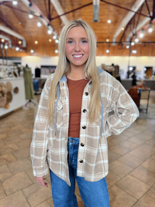 Mocha Plaid Fleece Hooded Shacket