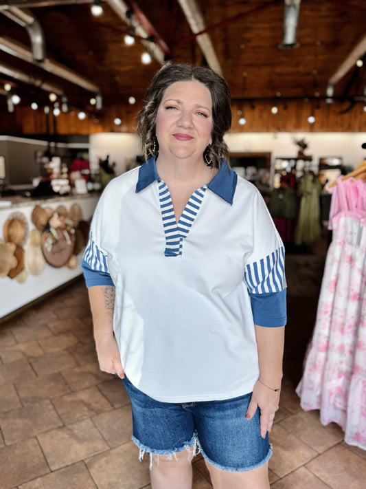 Curvy French Terry Striped Collared Top