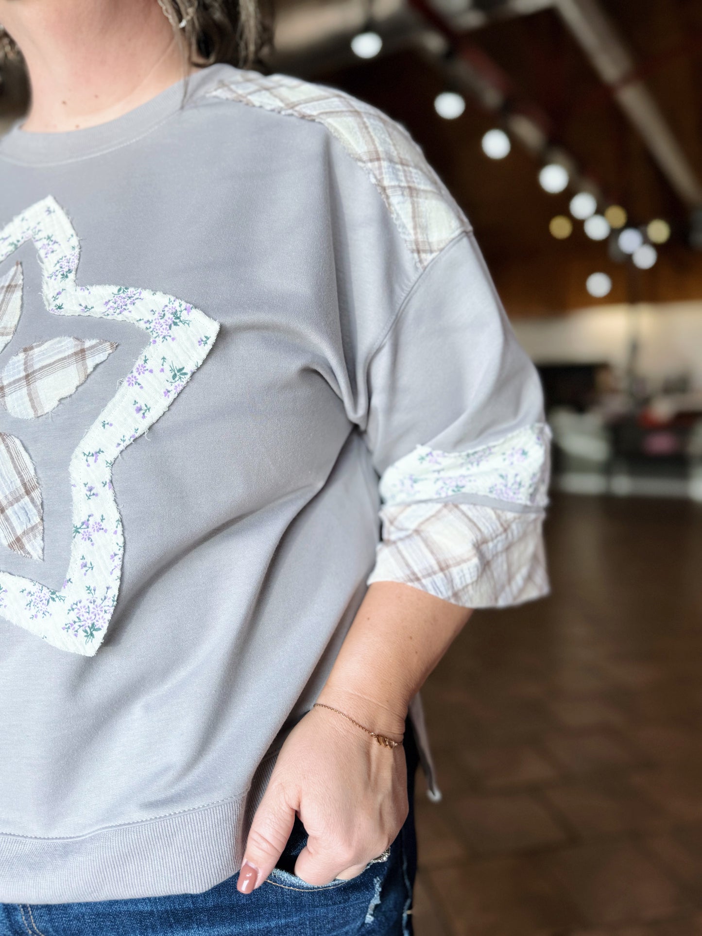 Curvy Gray Patchwork Plaid Detail Top