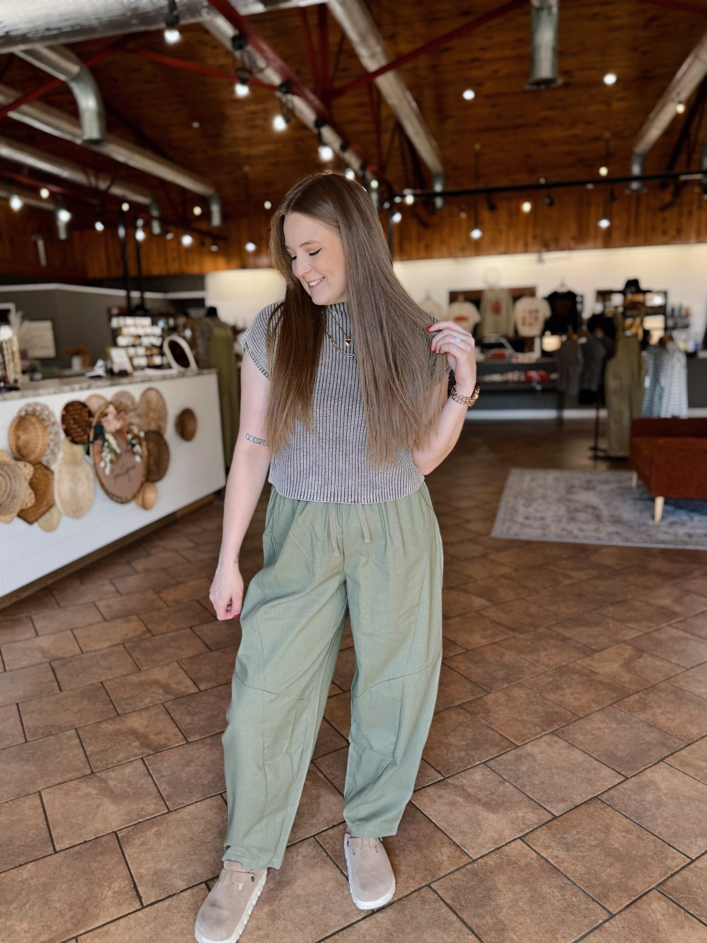 Olive Woven Barrel Pants