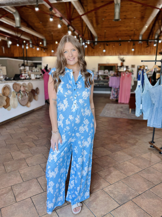 Blue Boho Floral Jumpsuit