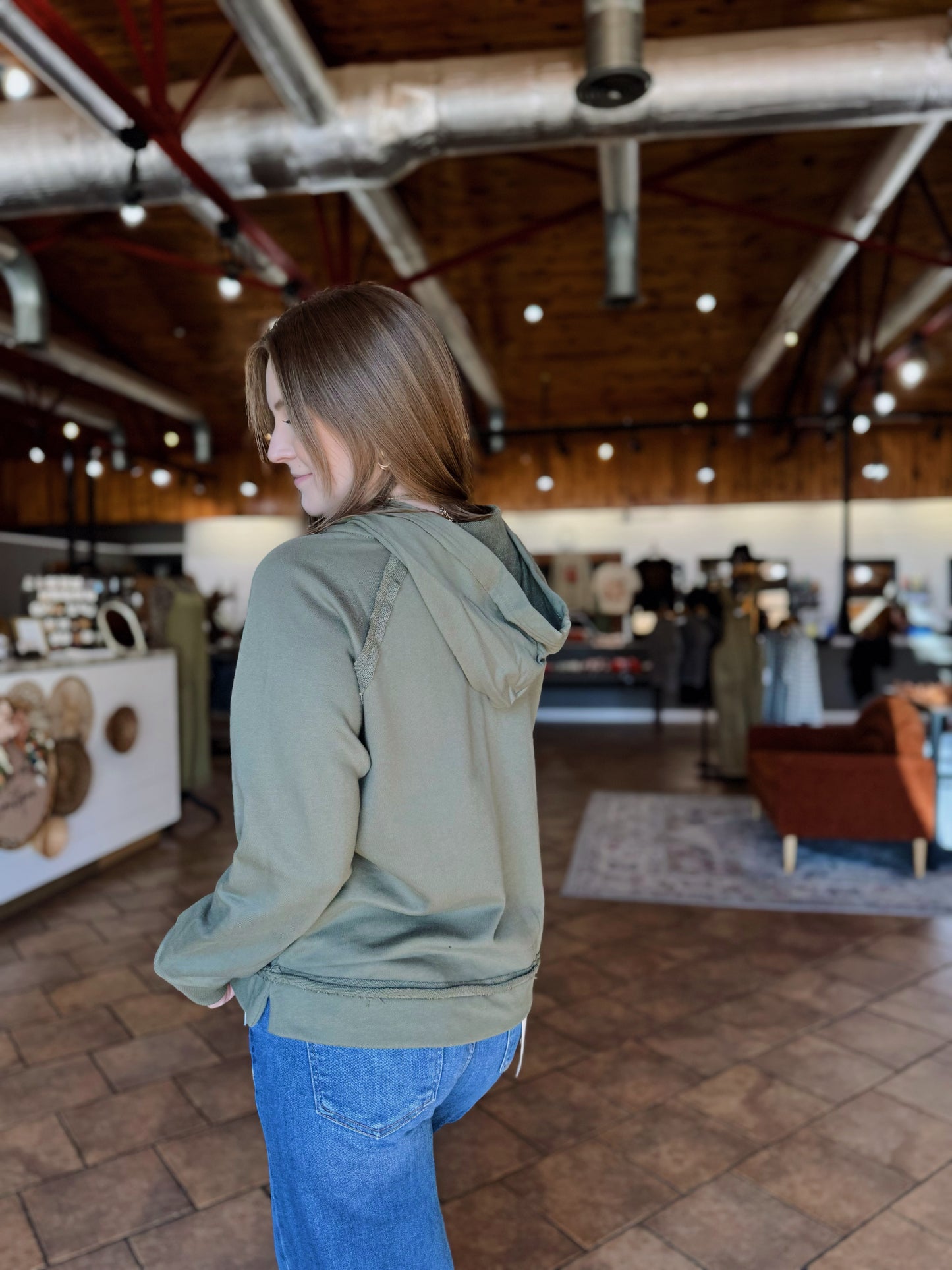 Olive Raw Hem Hooded Top