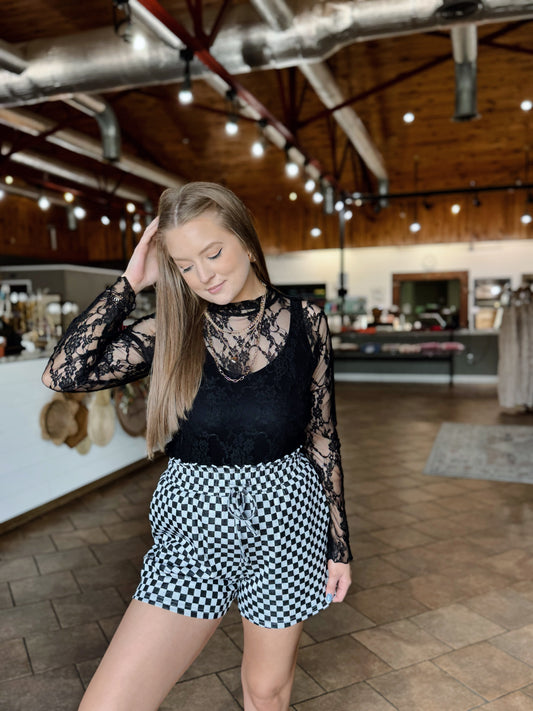 Black Checkered Drawstring Shorts