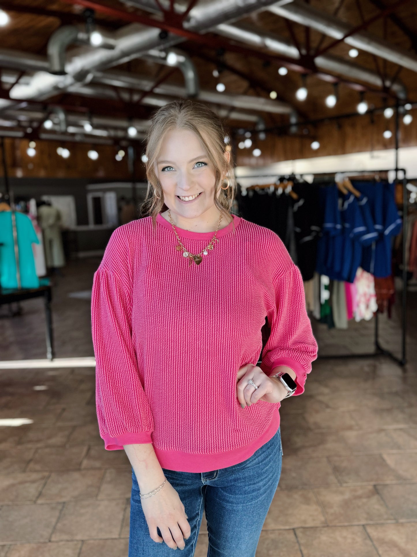 Pink Ribbed Drop Shoulder Top