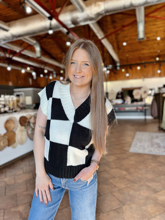 Black Checkered Knit Sweater Vest